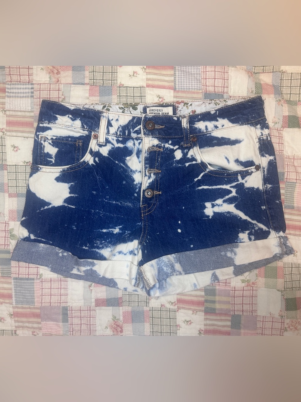Forever 21 Blue and White Tie-Dye High-Rise Denim Shorts